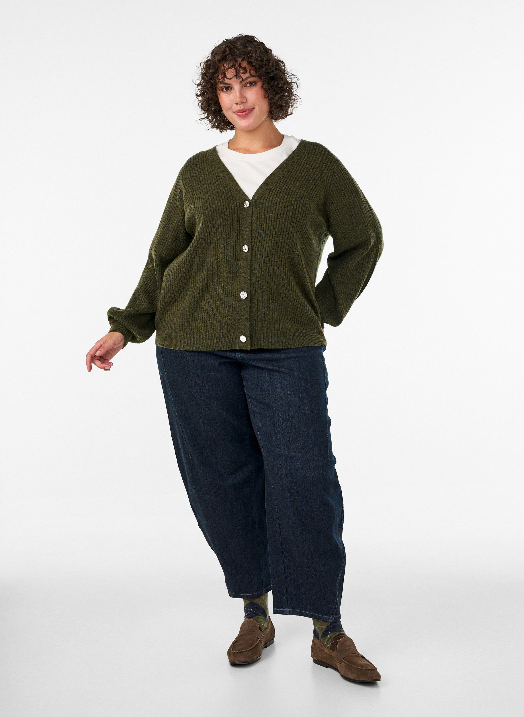 ZizzifashionCardigan with V-neck and ribbed texture, Green, Model image number 1