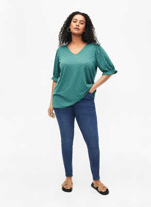 V-neck blouse with hole pattern, Sea Pine, Model image number 2