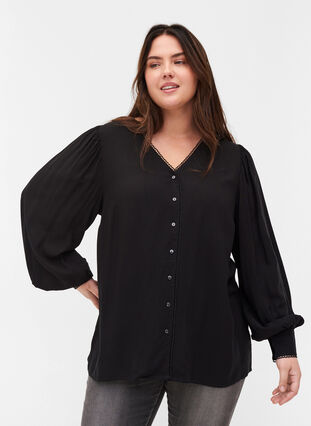 Viscose blouse with buttons and balloon sleeves, Black, Model image number 0