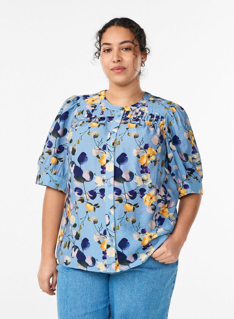 Patterned shirt blouse with 1/2 sleeves, Light Blue, Model image number 0