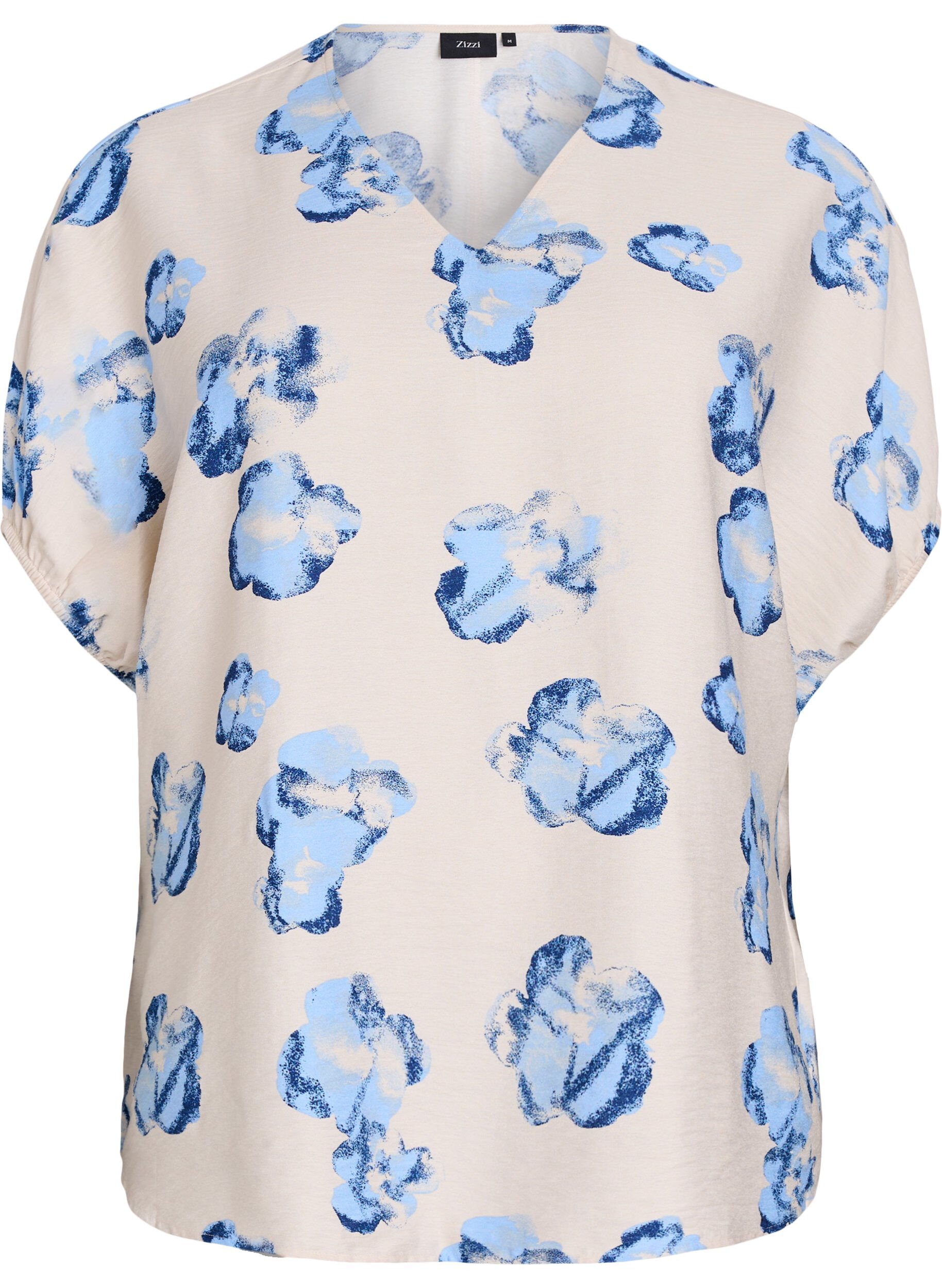 Zizzifashion Loose blouse with print and V-neck, White, Packshot image number 0