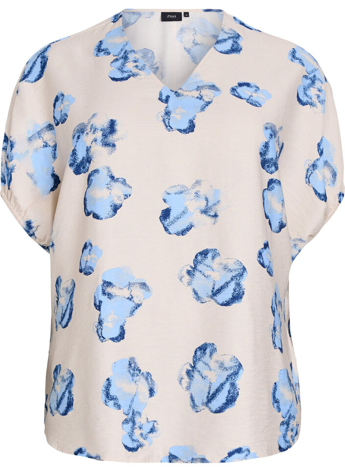 Loose blouse with print and V-neck, White, Packshot image number 0