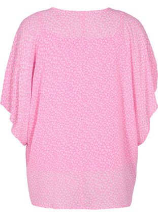 Printed blouse with tie strings and short sleeves, Pink Ditzy Flower, Packshot image number 1