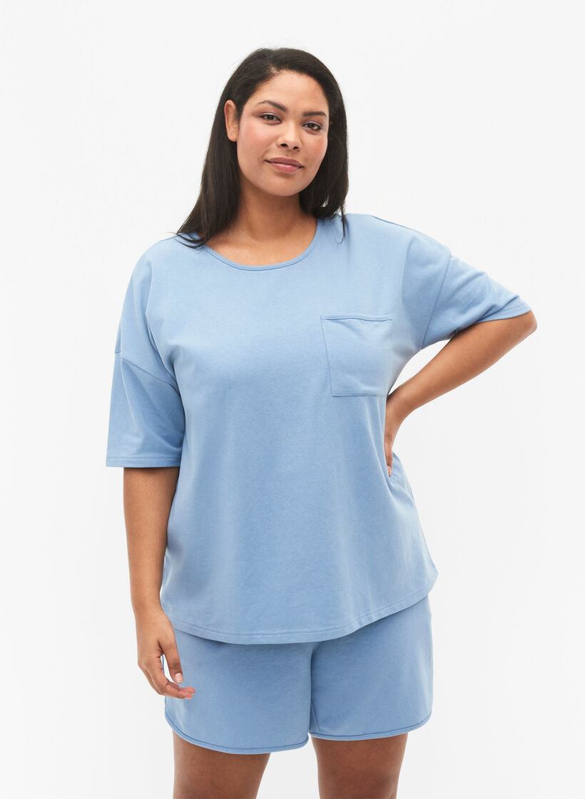 Blouse with half sleeves, Faded Denim, Model image number 0