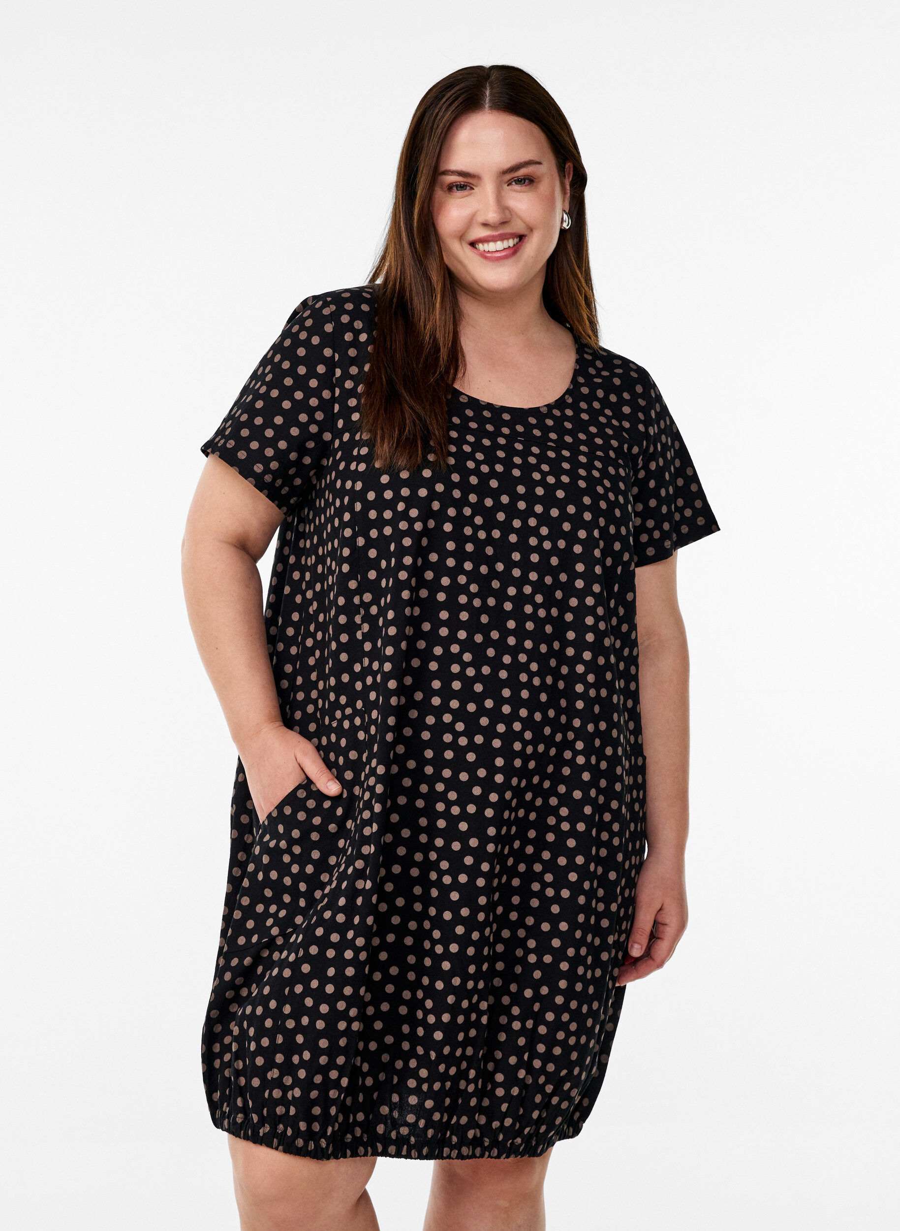 ZizzifashionShort-sleeved cotton dress with print, Brown, Model image number 0