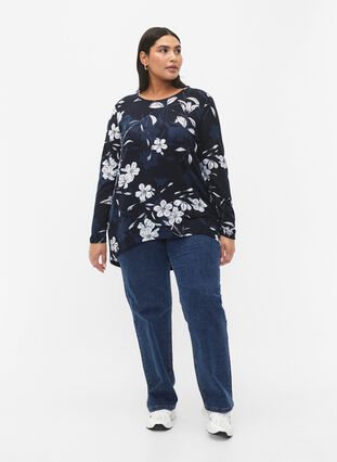 Striped blouse with long sleeves, Navy B. Flower AOP, Model image number 2