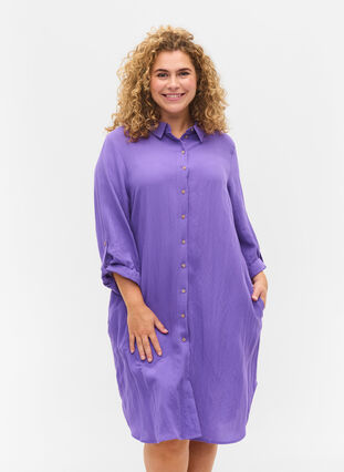 Long solid-coloured viscose shirt with 3/4 sleeves, Passion Flower, Model image number 0
