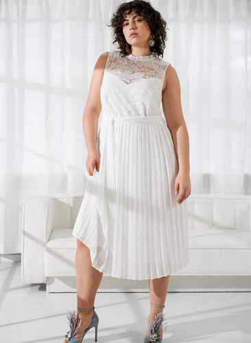 Sleeveless dress with lace and pleats, Bright White, Image image number 0