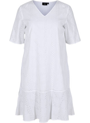 Short-sleeved cotton dress with broderie anglaise, Bright White, Packshot image number 0