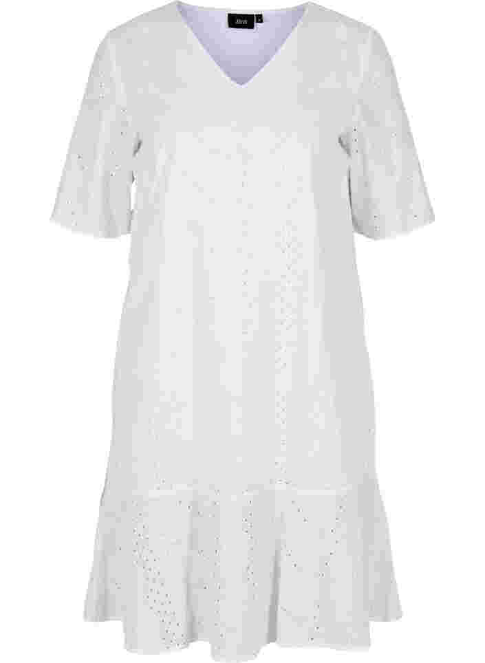 Short-sleeved cotton dress with broderie anglaise, Bright White, Packshot image number 0