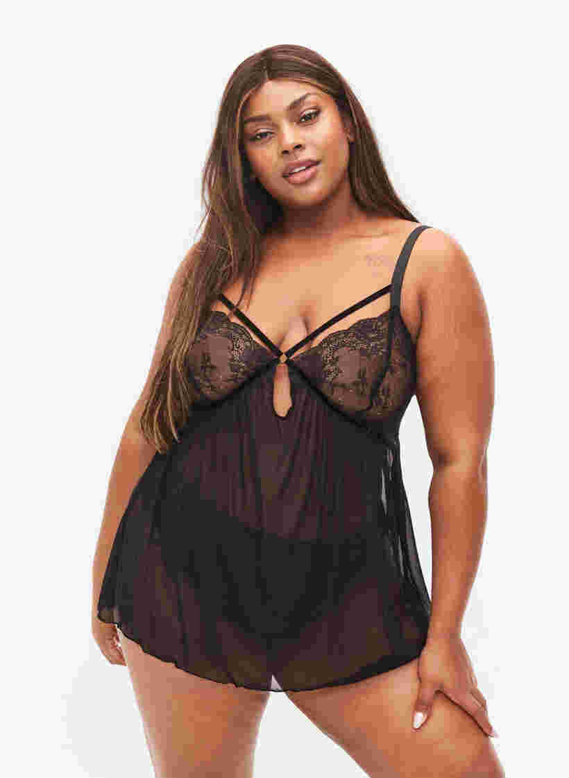 Transparent chemise with lace, Black, Model image number 0