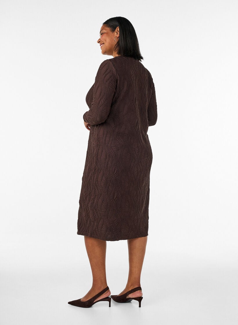 Midi dress with a wavy texture and long sleeves, Brown, Model image number 1
