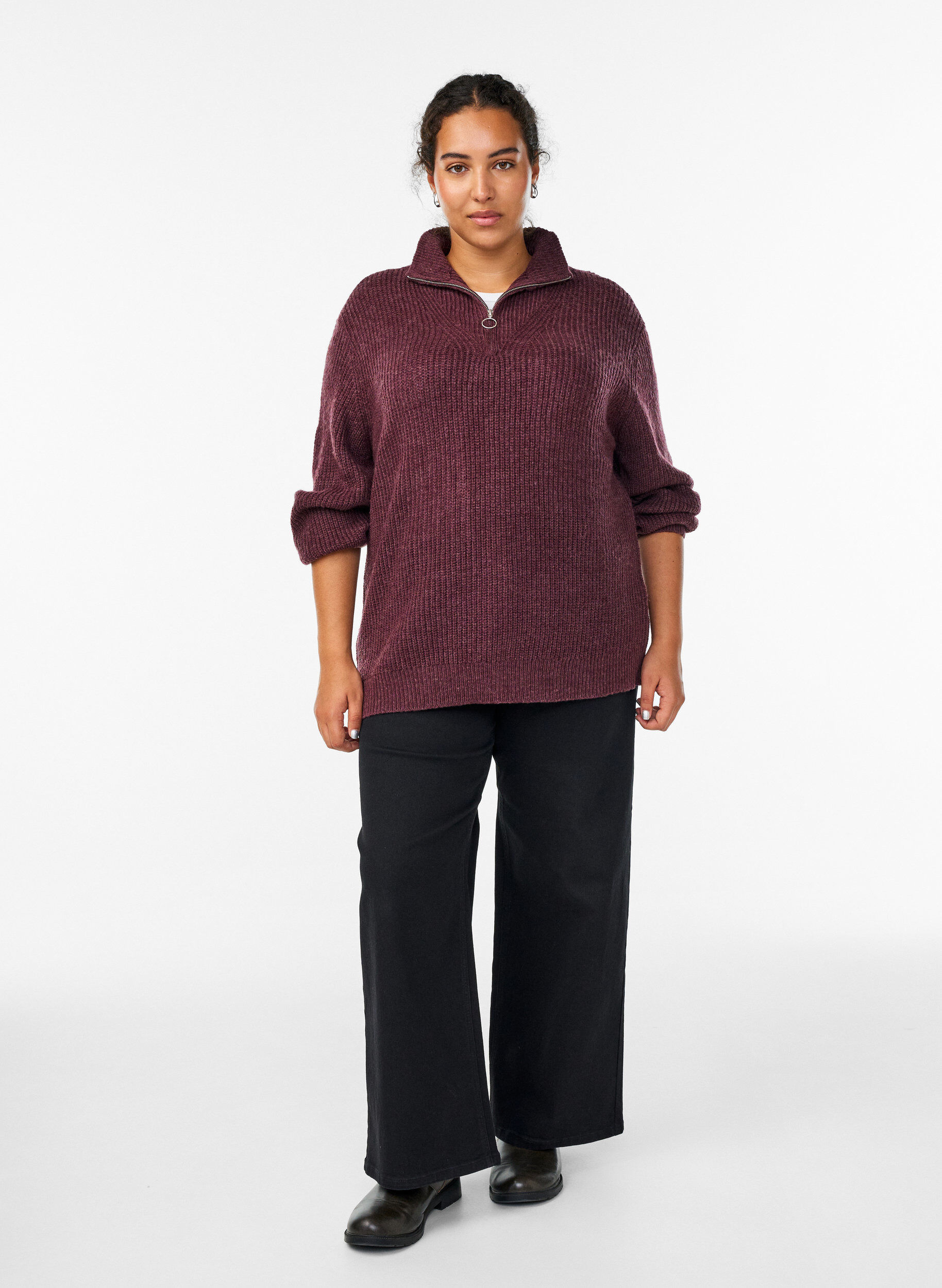 ZizzifashionKnitted sweater with high neck and zipper, Red, Model image number 1