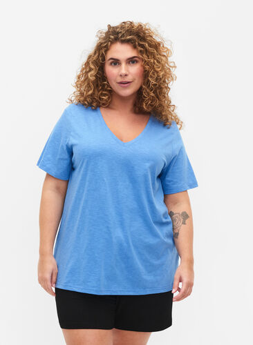 Short-sleeved basic t-shirt with v-neck, Provence , Model image number 0