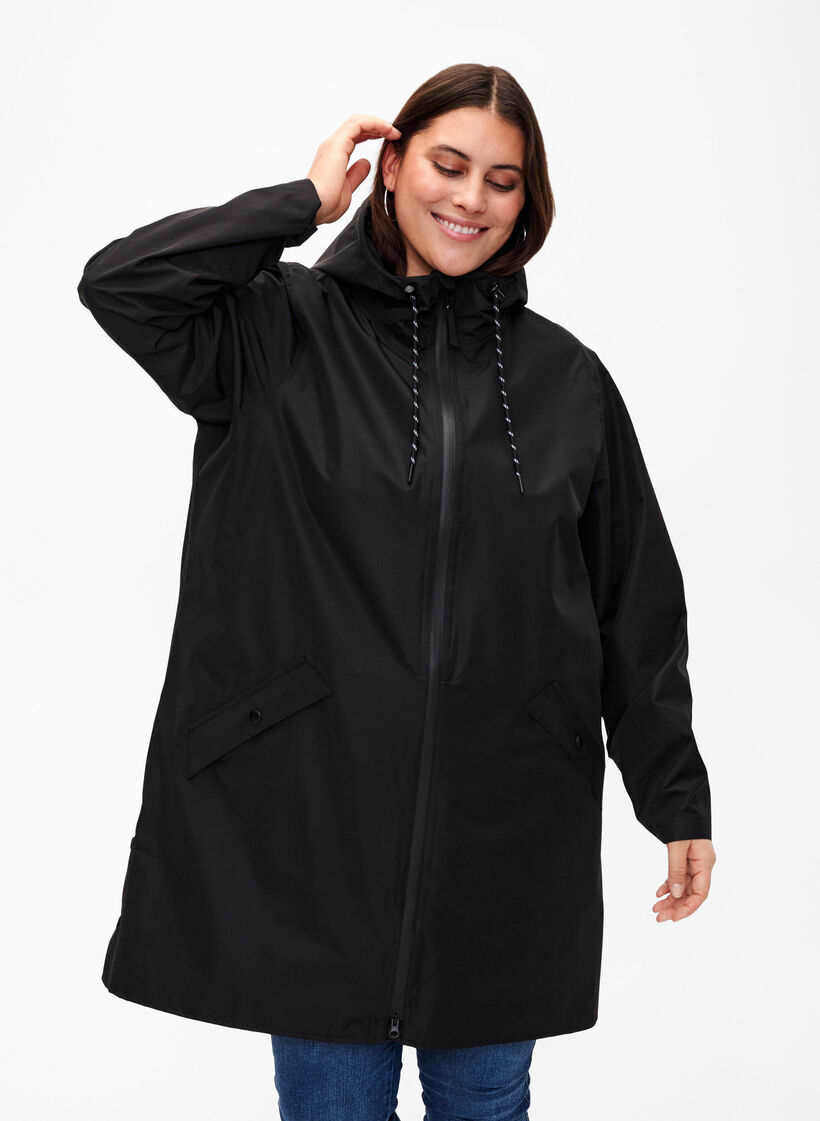 Rain jacket with pockets and a hood, Black, Model image number 0