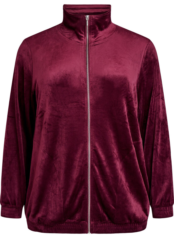Velour cardigan with zipper and high collar, Dark Bordeaux, Packshot image number 0