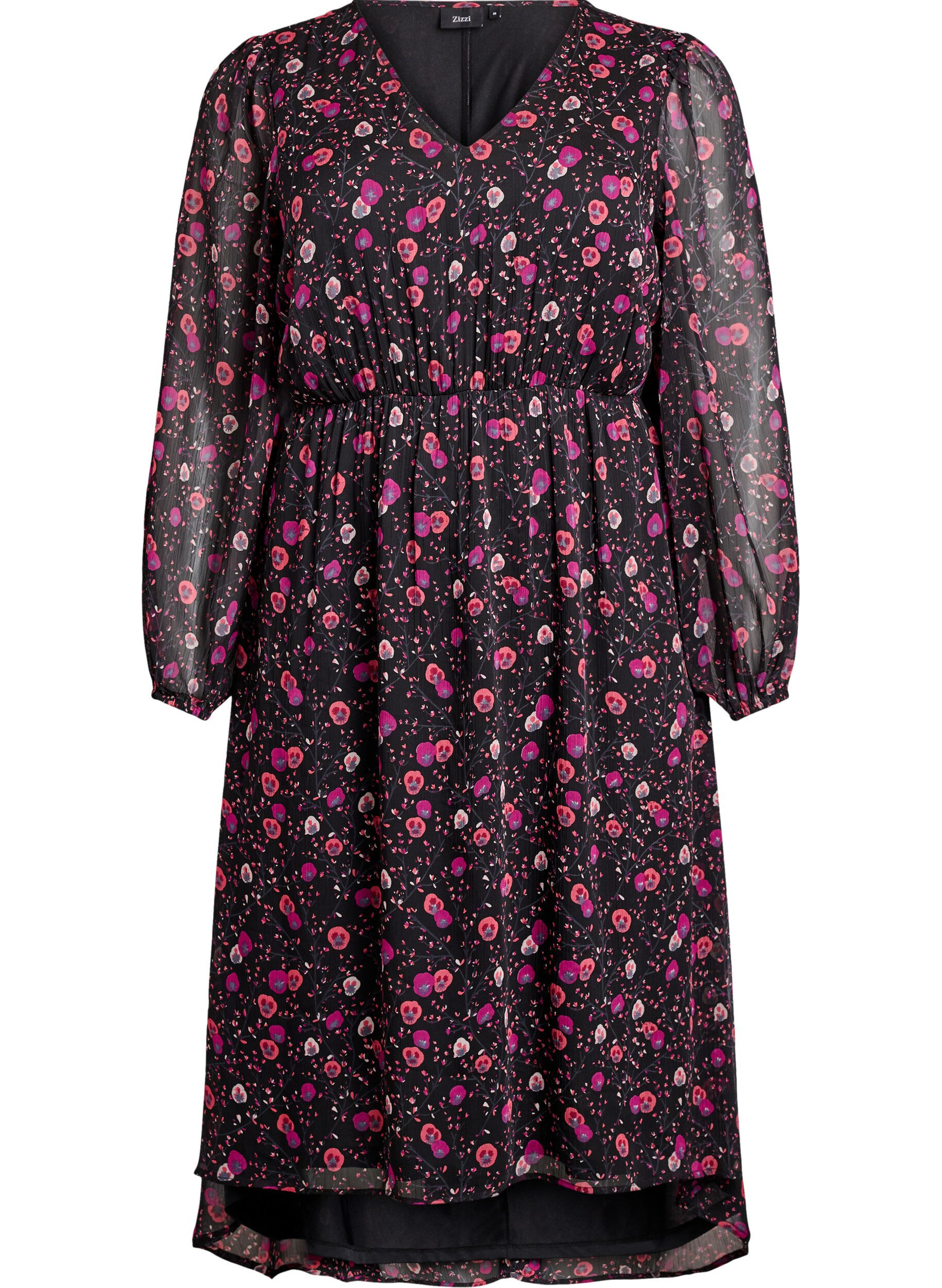 ZizzifashionChiffon dress with floral print and long sleeves, Black, Packshot image number 0