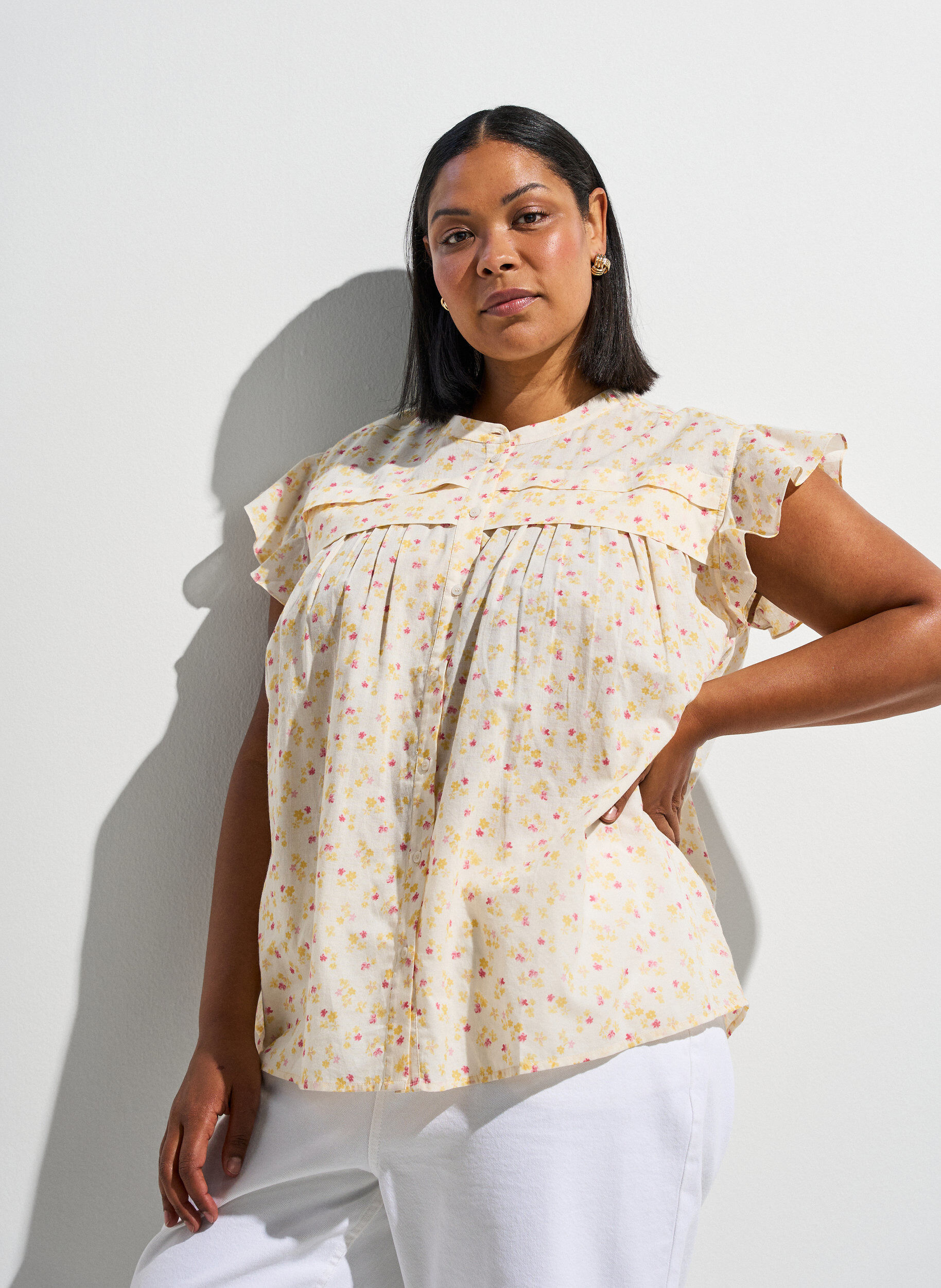 ZizzifashionSleeveless A-line cotton shirt blouse, Yellow, Image image number 0