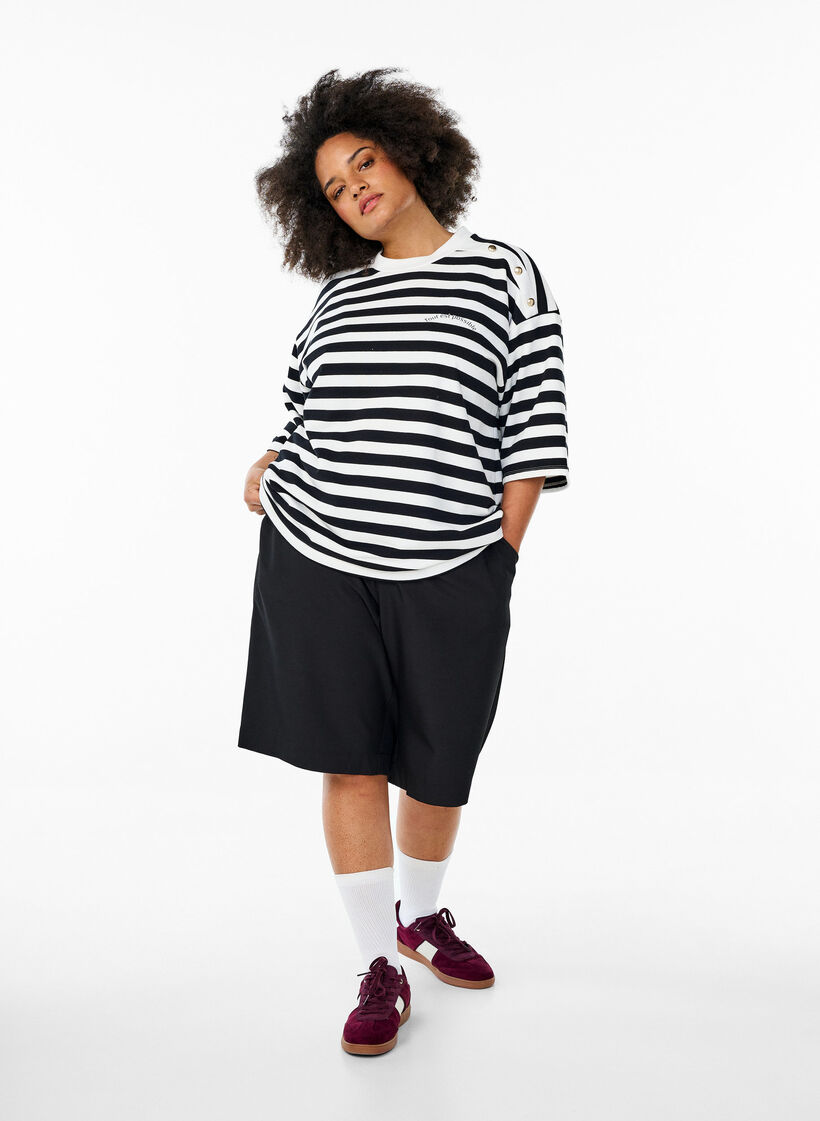 Striped blouse with 3/4 sleeves and button detail, Black, Model image number 1