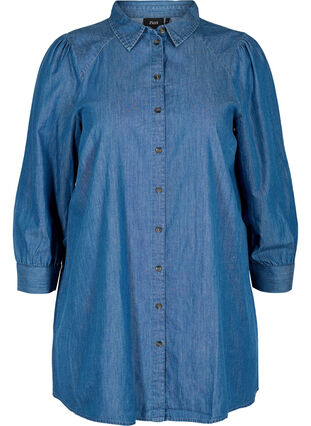 Denim cotton tunic with 3/4 sleeves, Blue, Packshot image number 0