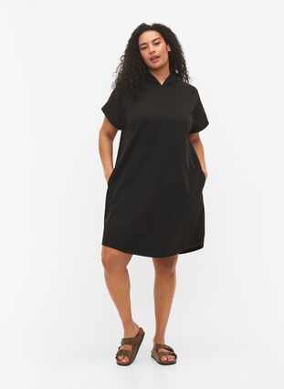 Short-sleeved jumper dress with hood, Black, Model image number 2