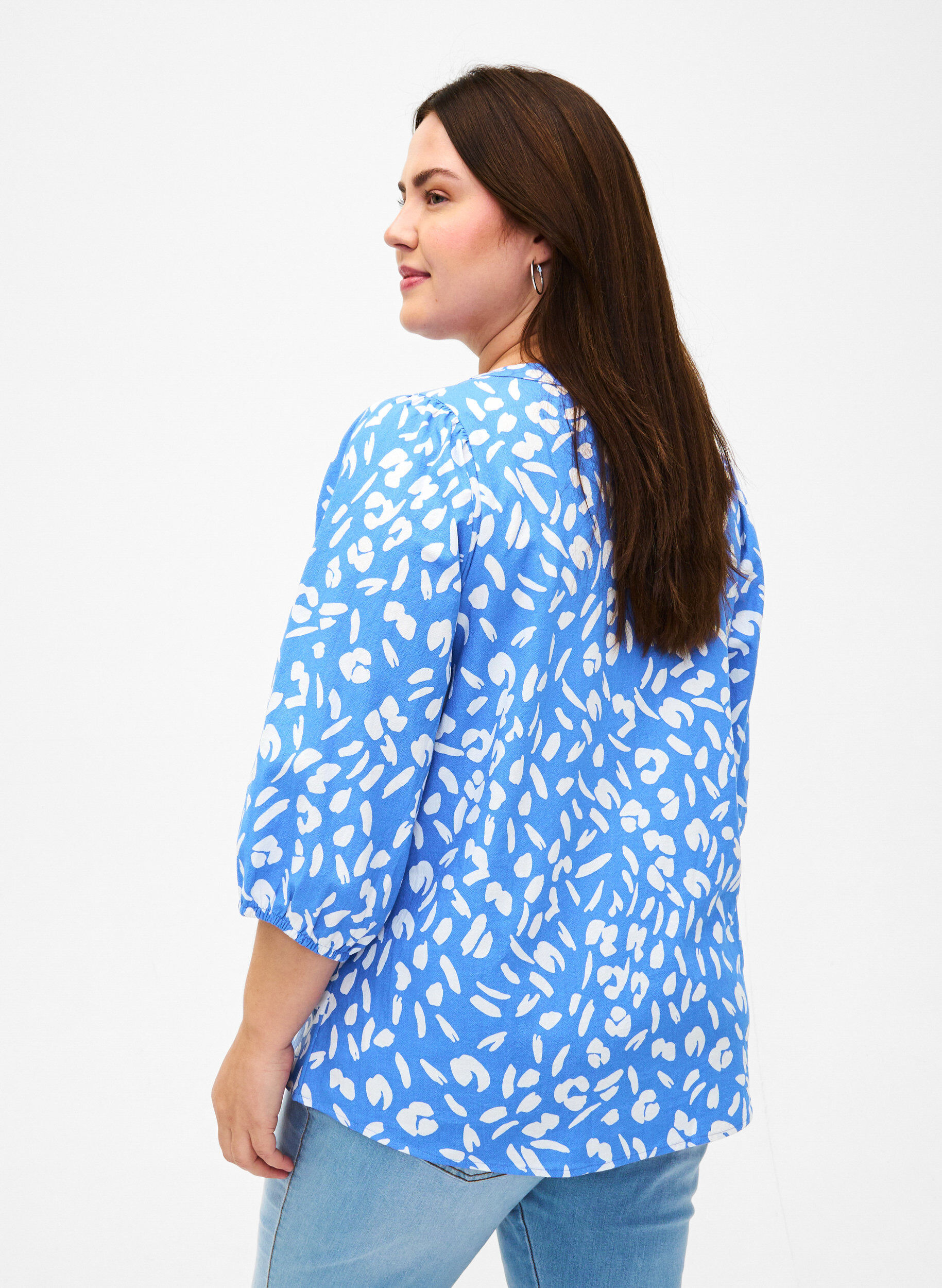 Zizzifashion 3/4 sleeve cotton Blouse with print, Marina White AOP, Model image number 1