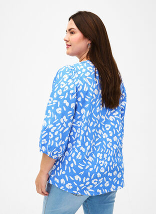 3/4 sleeve cotton Blouse with print, Marina White AOP, Model image number 1
