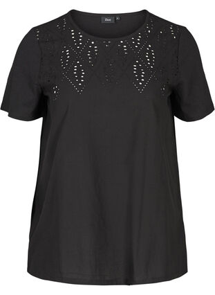 Short-sleeved t-shirt with broderie anglaise, Black, Packshot image number 0
