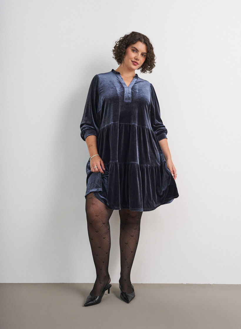 Short velour dress with a ruffle collar and long sleeves, Blue, Model image number 1