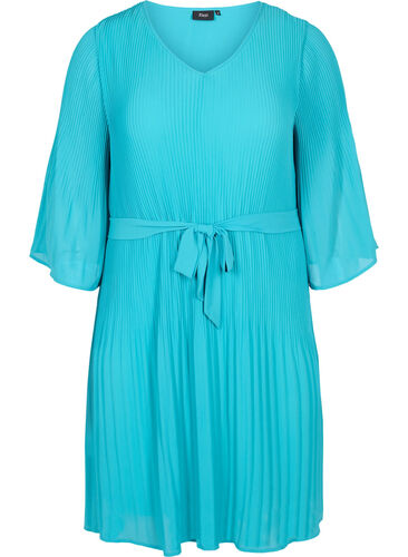 Pleated dress with 3/4 sleeves, Turquoise, Packshot image number 0