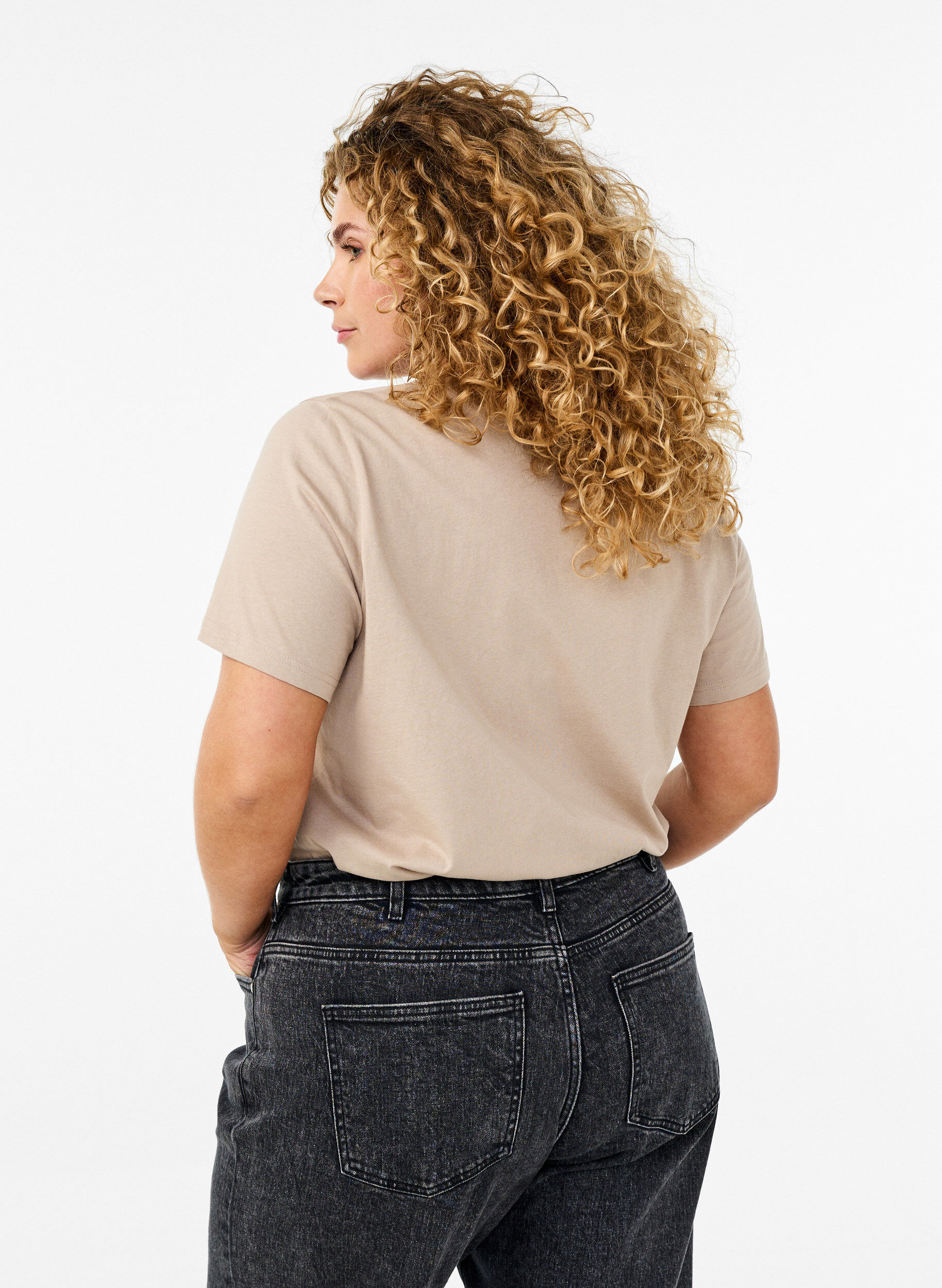 Zizzifashion Basic cotton T-shirt with round neck, Beige, Model image number 2