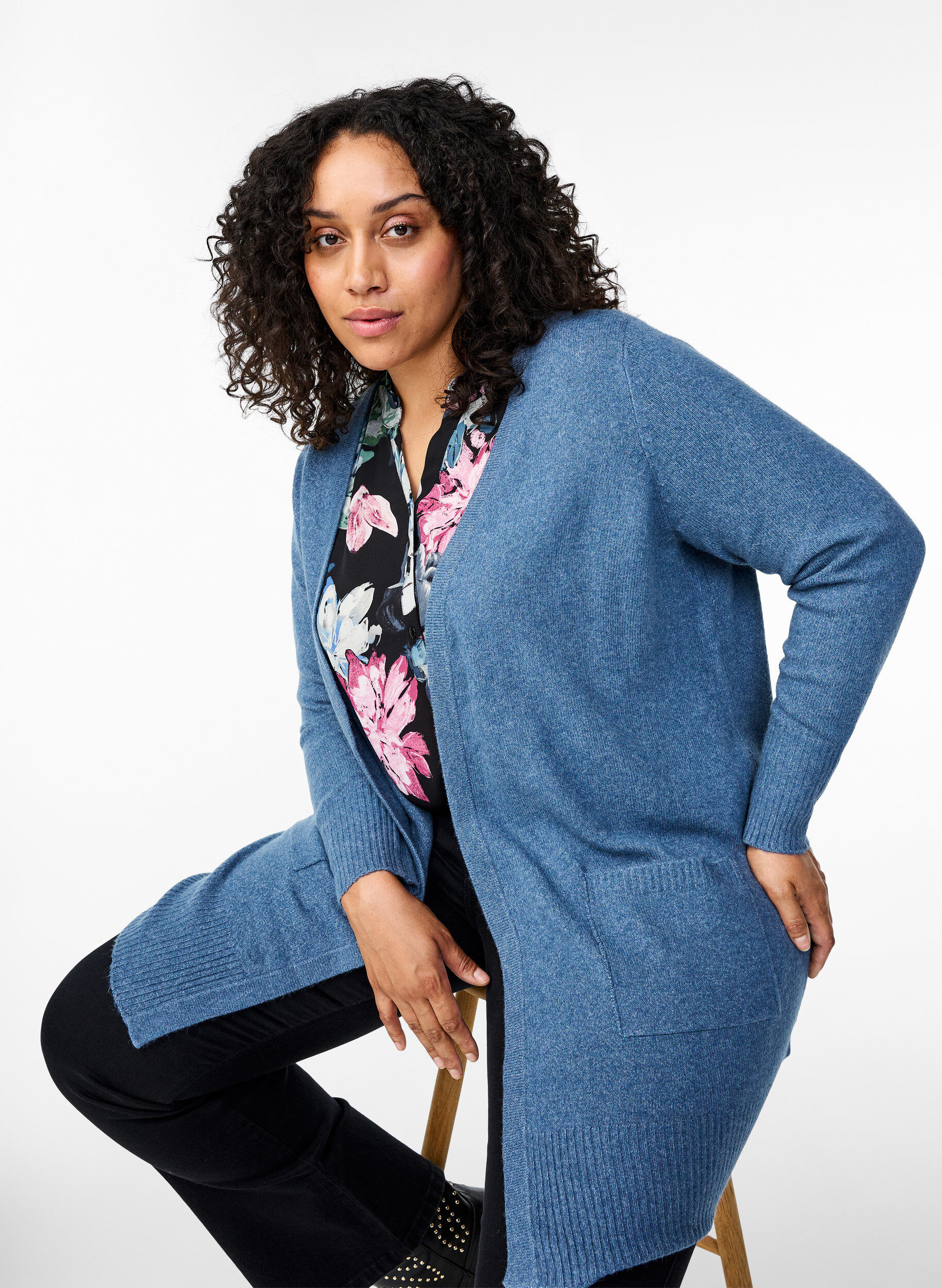 ZizzifashionRibbed Knit Cardigan with Pockets, Blue, Image image number 0