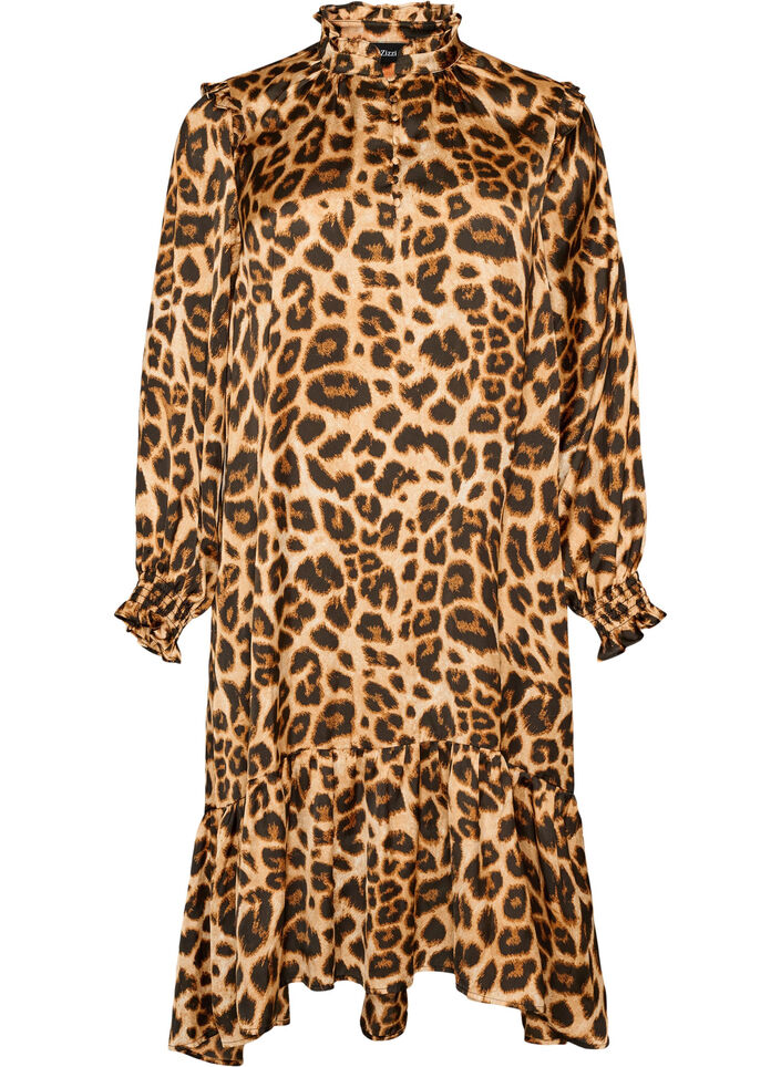 Dress with leopard print and ruffle details, Brown, Packshot