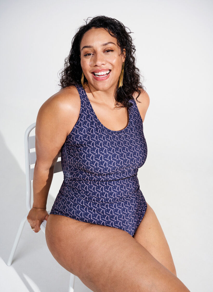 Swimsuit with print and crossed back, Text Print, Image image number 0