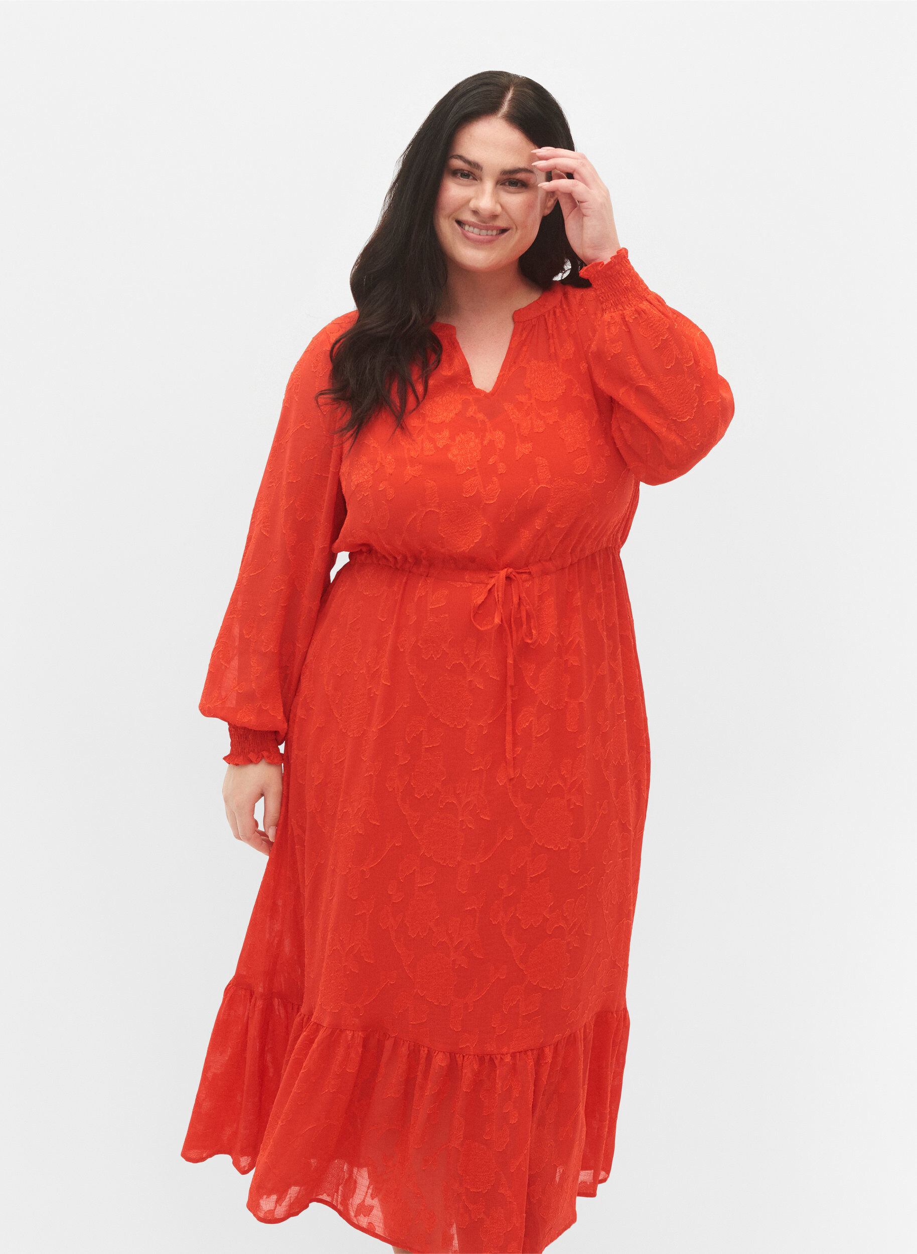Zizzifashion Long-sleeved midi dress in jacquard look, Orange.com, Model image number 2