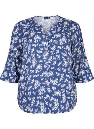 Floral nightshirt with 3/4 sleeves, V. Indigo Flower AOP, Packshot image number 0