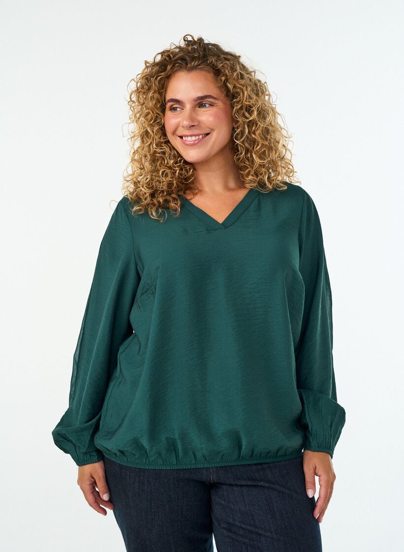 Blouse with balloon effect and chiffon details, Green, Model image number 0