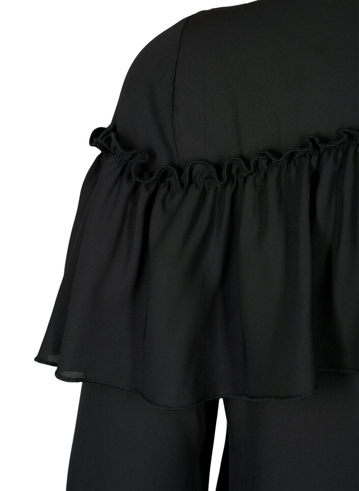 Ruffle shirt blouse with pearl buttons, Black, Packshot image number 4