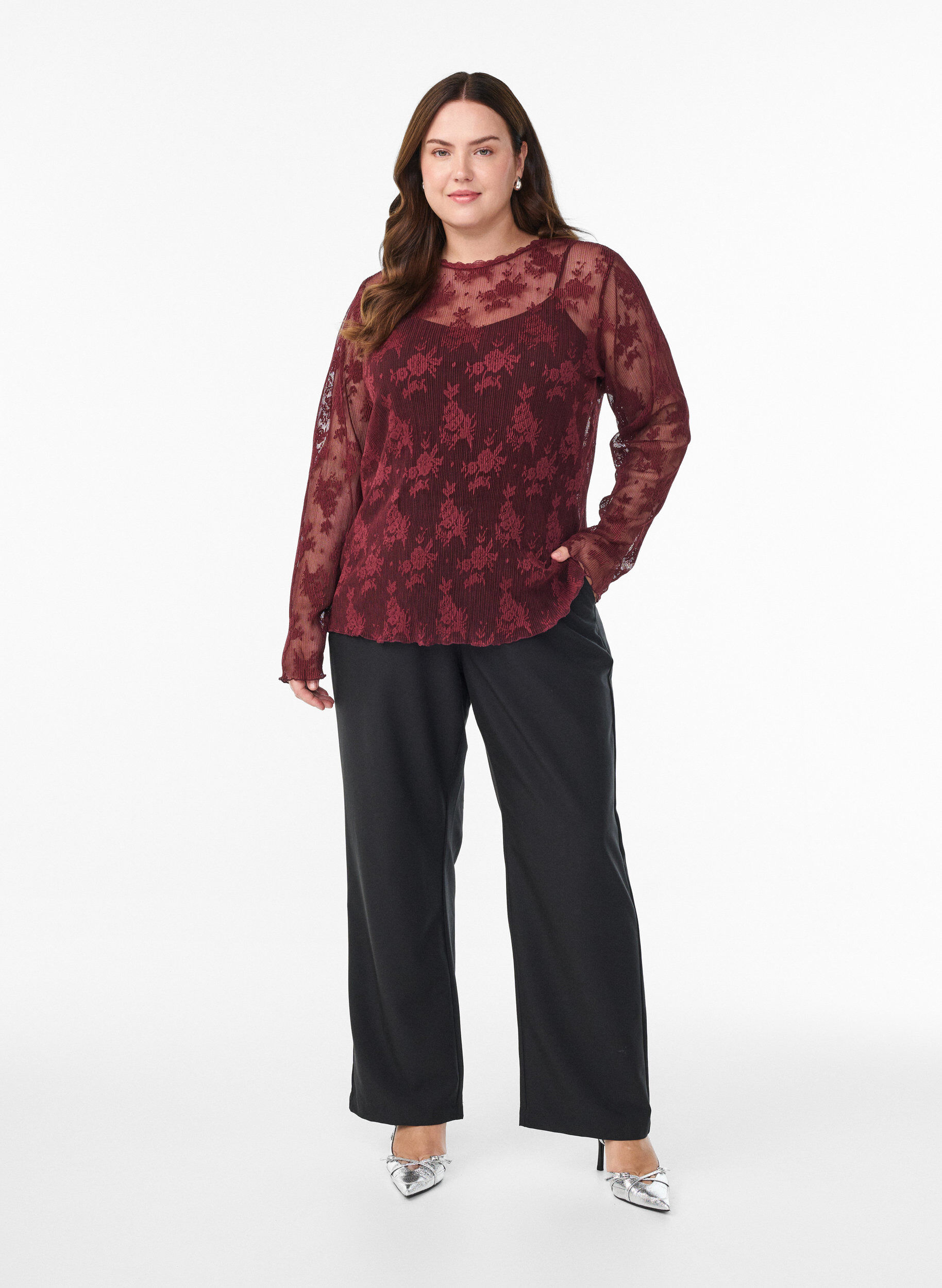 Zizzifashion Long-sleeved mesh blouse with lace pattern, Dark Bordeaux, Model image number 1