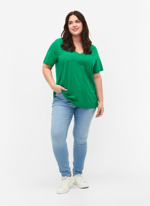 Short-sleeved basic t-shirt with v-neck, Jolly Green, Model image number 2