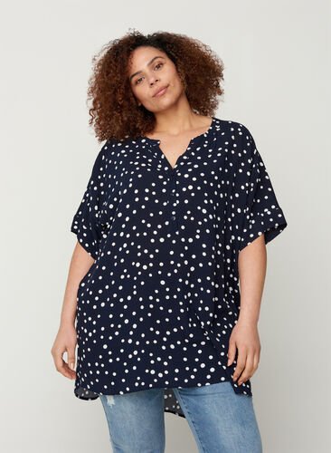 Short-sleeved viscose tunic with print, Night Sky Dot, Model image number 0