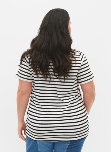 Cotton t-shirt with stripes and v-neck, B. White/Bl. Stripes, Model image number 1