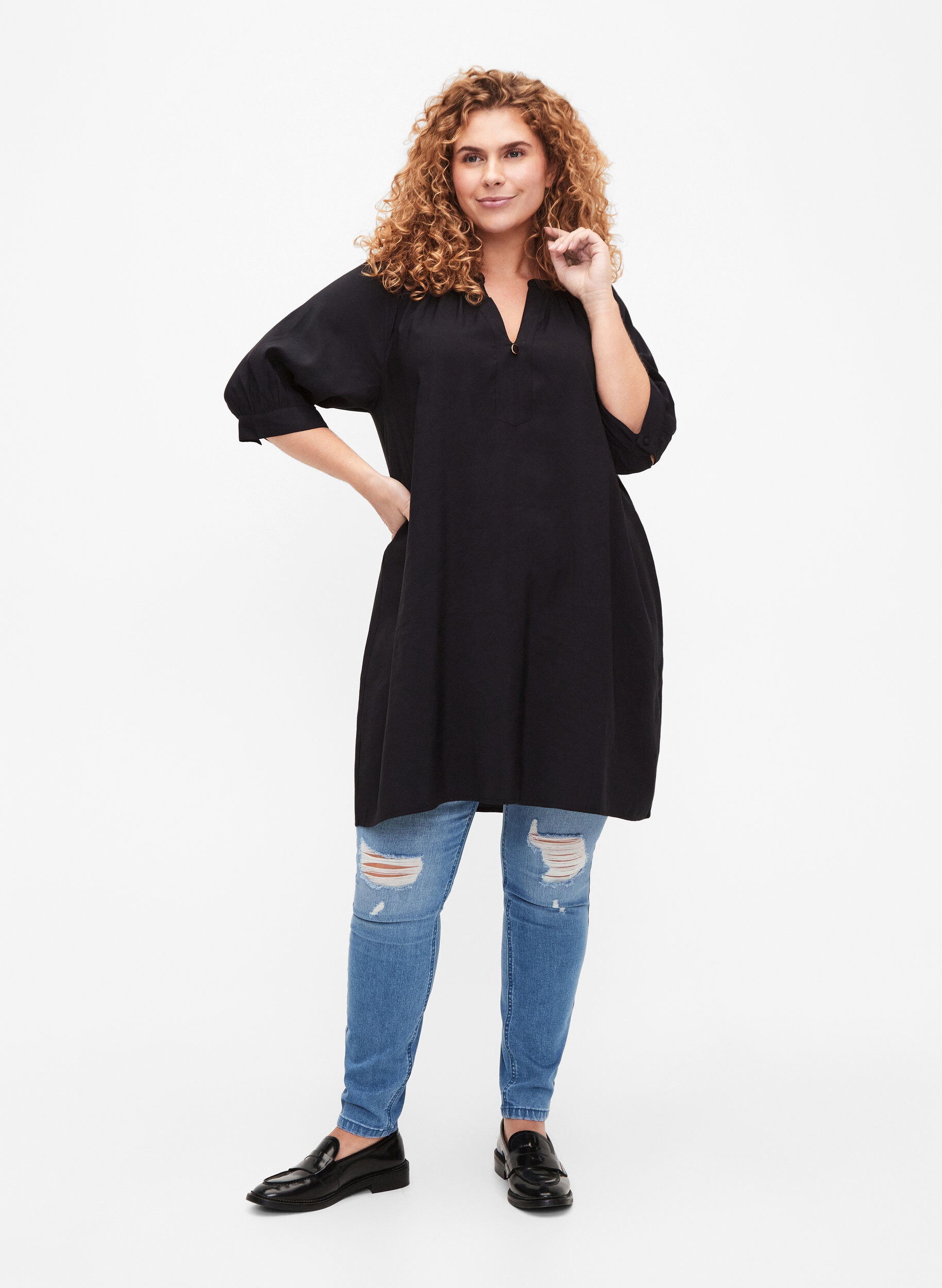 Zizzifashion Viscose tunic with 3/4 sleeves, Black, Model image number 2