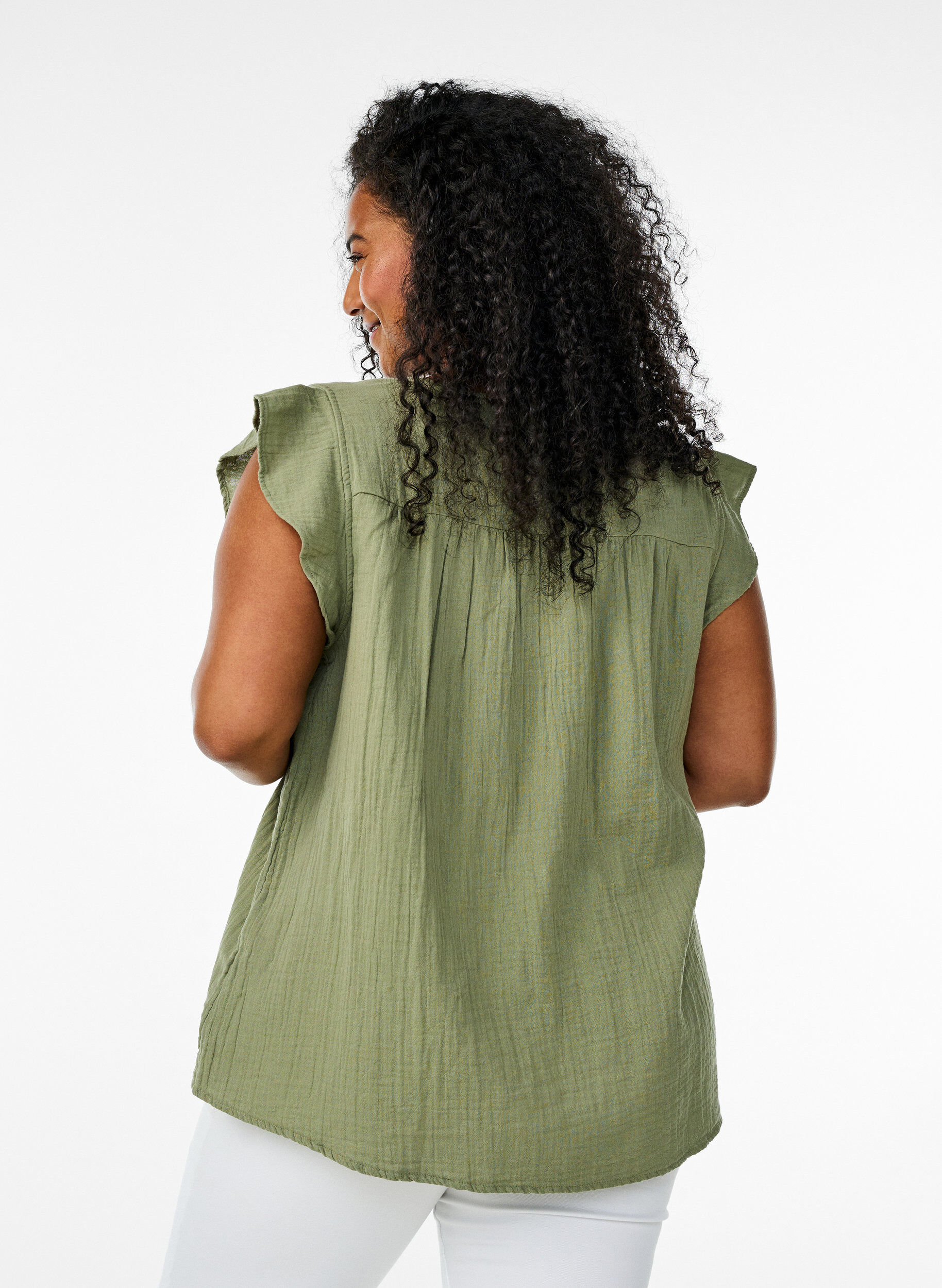 ZizzifashionSleeveless top in cotton muslin with ruffles, Green, Model image number 2