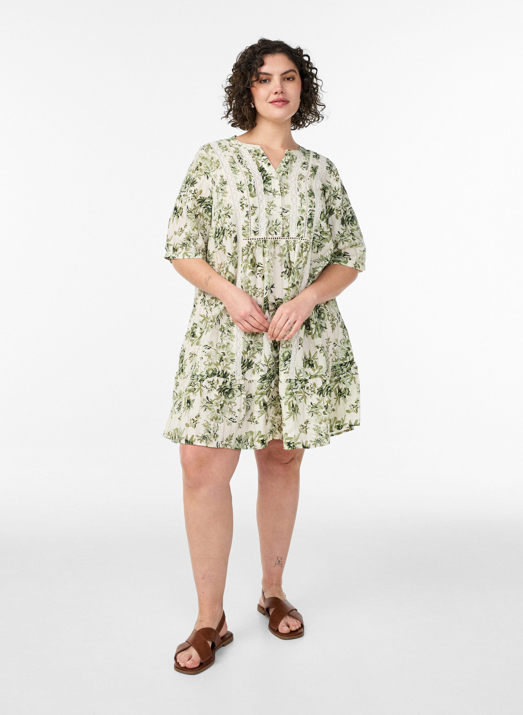 ZizzifashionShort viscose dress with lace trim and A-line cut, Green, Model image number 1