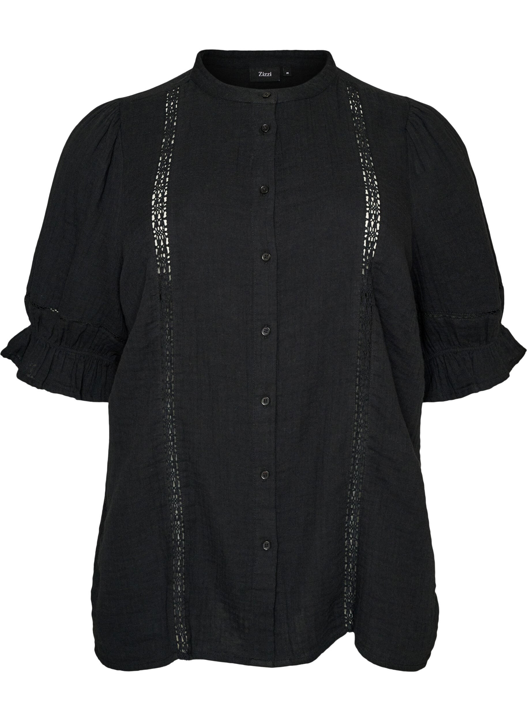 ZizzifashionShort-sleeved cotton muslin blouse with crochet trim, Black, Packshot image number 0