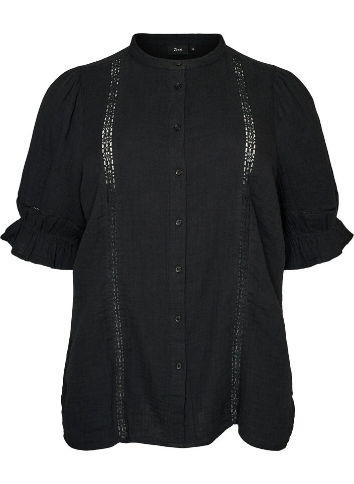 Short-sleeved cotton muslin blouse with crochet trim, Black, Packshot image number 0