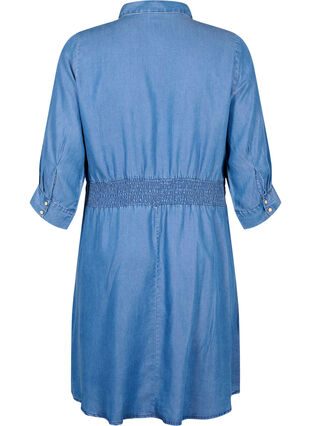 Soft denim dress with 3/4 sleeves and smock, Blue denim, Packshot image number 1