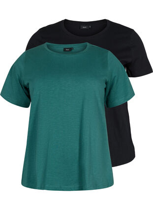 Basics cotton t-shirt 2-pack, Mallard Green/Black, Packshot image number 0