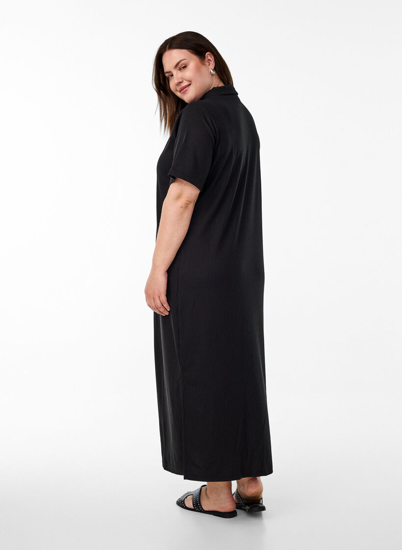 Maxi dress in jersey with collar and short sleeves, Black, Model image number 1